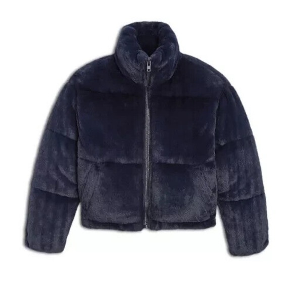 NWT Apparis Girls Billie Faux Fur Jacket Stand Collar Navy Blue - Picture 1 of 9